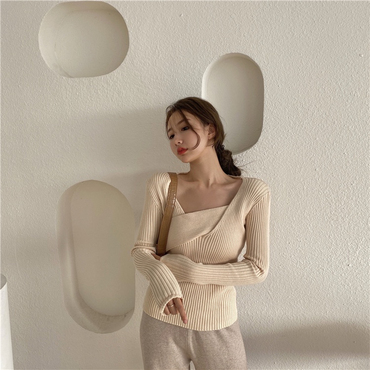 【ZHELIHANGFEI】Áo Sweater Dệt Kim Tay Dài Thiết Kế Cổ Chữ V Thanh Lịch