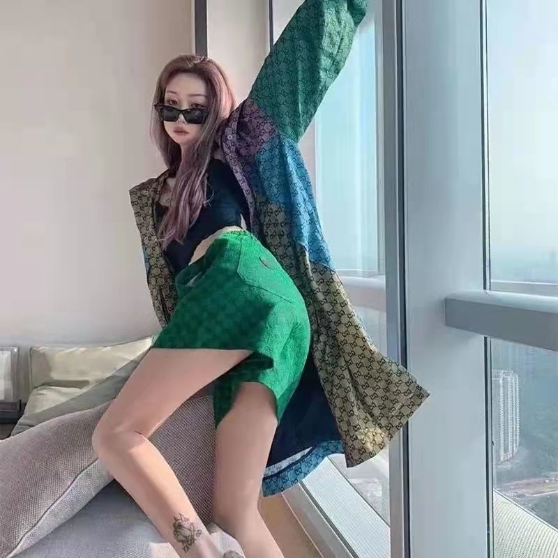 Shorts European and American green shorts women's spring and summer thin straps loose elastic waist casual large size five-point pants wide-leg pants trendy Z3