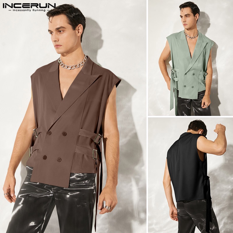 Áo khoác blazer INCERUN không tay dáng rộng phong cách vintage thời trang dành cho nam giới