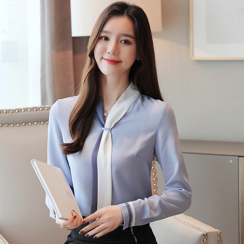 Áo sơ mi công sở vải chiffon dài tay cổ chữ V kiểu dáng thanh lịch phong cách Hàn Quốc cho nữ