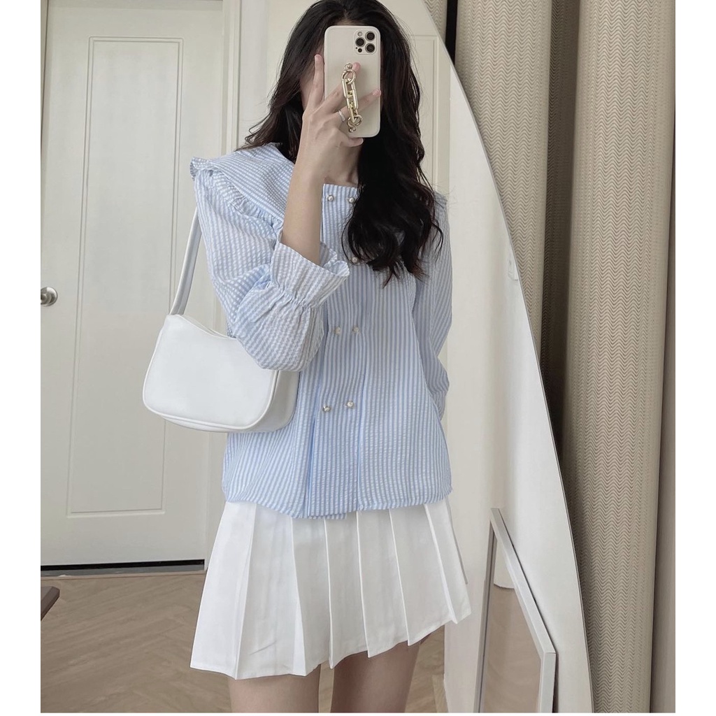 Áo sơ mi nữ dài tay kẻ sọc cổ bèo cúc ngực cách điệu chất xốp không nhăn 2 màu xinh xắn | BigBuy360 - bigbuy360.vn