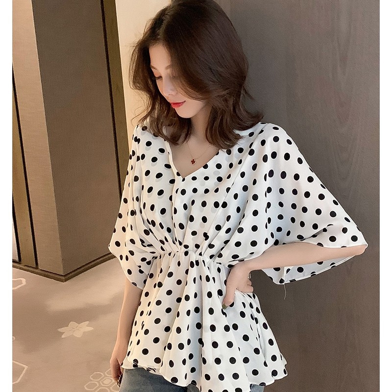 Áo chiffon nữ cánh dơi họa tiết chấm bi thời trang Hàn Quốc