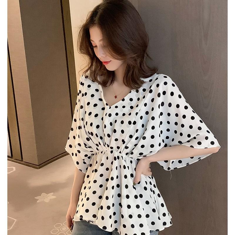 Áo chiffon nữ cánh dơi họa tiết chấm bi thời trang Hàn Quốc
