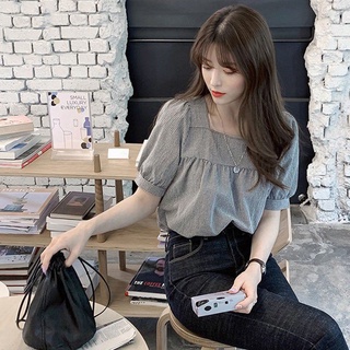 Áo Sơ Mi Tay Lửng Cổ Vuông Họa Tiết Kẻ Sọc Phong Cách Hàn Quốc Thời Trang Mùa Hè Ngọt Ngào Cho Nữ210512