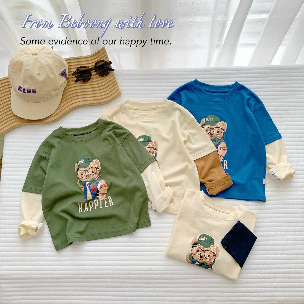 Áo cotton phối dài tay beeboong kids cho bé trai bé gái 9 đến 22kg