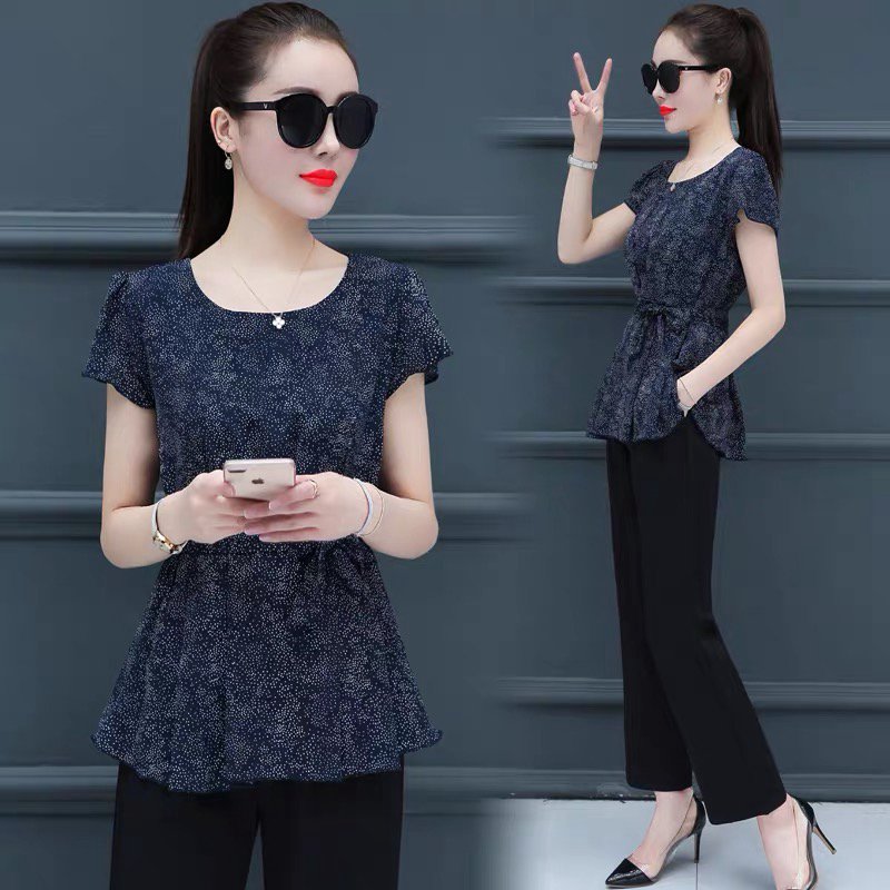Women Chiffon Blouse Fashion Short Sleeve Bow Peplum Tops Lady Floral Shirt Big Size Printed Shirts For Women