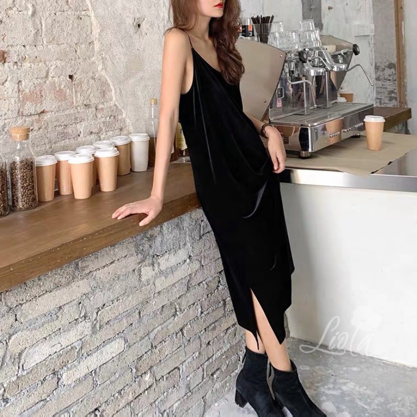 Đầm váy dài dáng suông maxi 2 dây chất liệu Nhung cao cấp mịn đẹp sang trọng thích hợp đi làm hoặc dự tiệc TK Liola