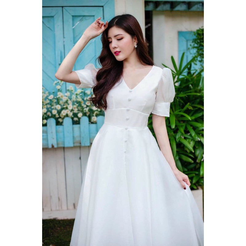 ĐẦM XOÈ TAY PHỒNG ĐÍNH NÚT BỌC ( ảnh thật 1000% )