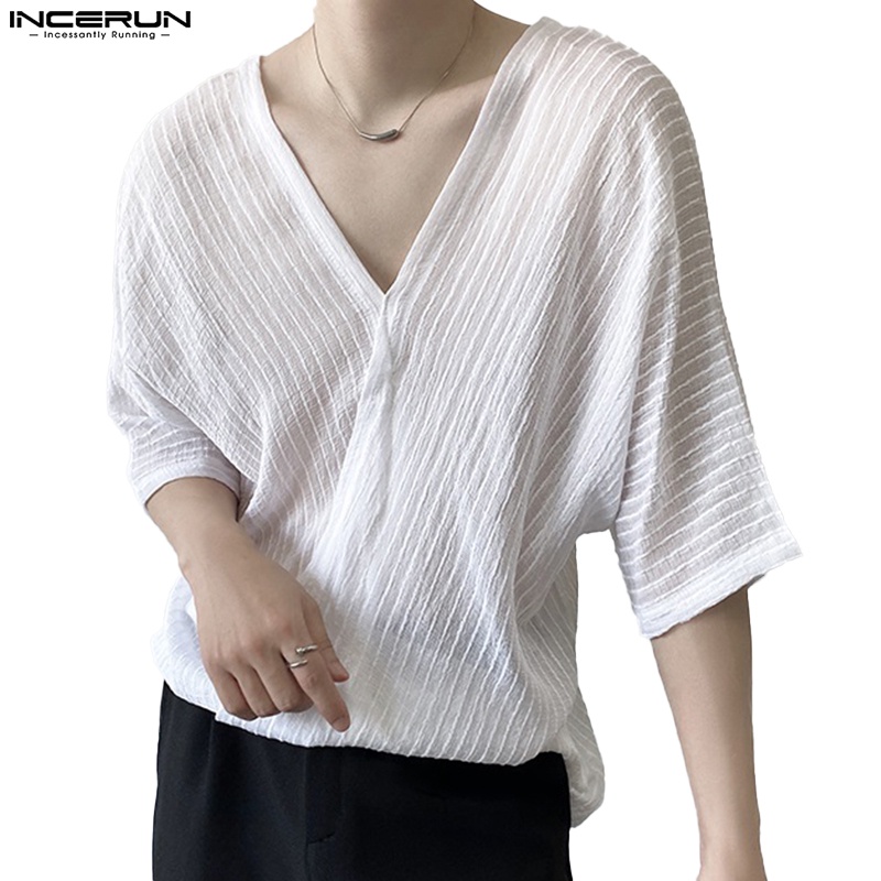 Áo thun INCERUN tay ngắn cổ chữ V in kẻ sọc phong cách mùa hè cho nam