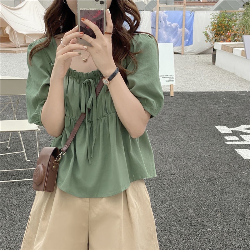 Áo thun cổ vuông phối bèo phong cách phương tây ngọt ngào thời trang mùa hè dành cho nữ