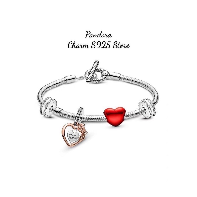 combo bộ vòng tay pan Ale khoá T mix 4 hạt charm tim hoa hồng bạc s925