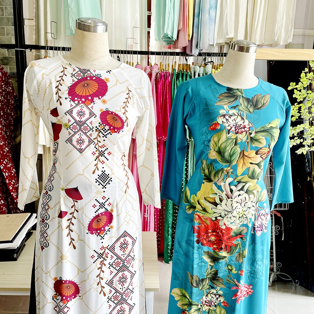 Áo dài in hoa 6D sang trọng - có size lớn Áo dài mẹ bà sui