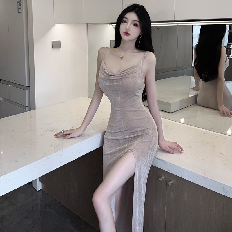 Đầm Dài Hai Dây Màu Sắc Trơn Phong Cách Âu Mỹ Quyến Rũ Dành Cho Nữ