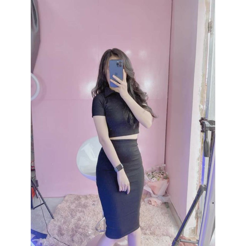 SET ĐẦM POLO ÁO CROPTOP THUN CHÂN VÁY BÚT CHÌ_Mã  117