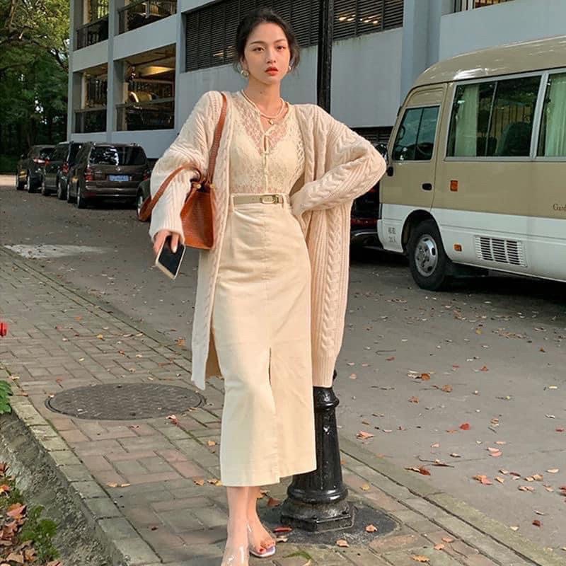 Váy Nhung Tăm Dài  Vintage kèm Belt