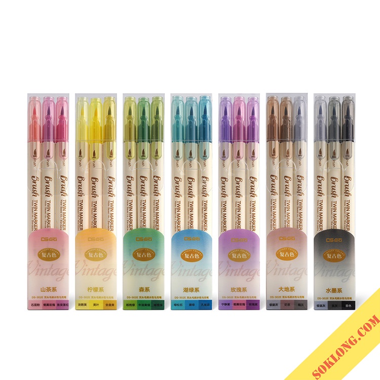 Bộ 3 bút brush 2 đầu Twin Marker B34 ngòi lông + ngòi fine trang trí bullet journal