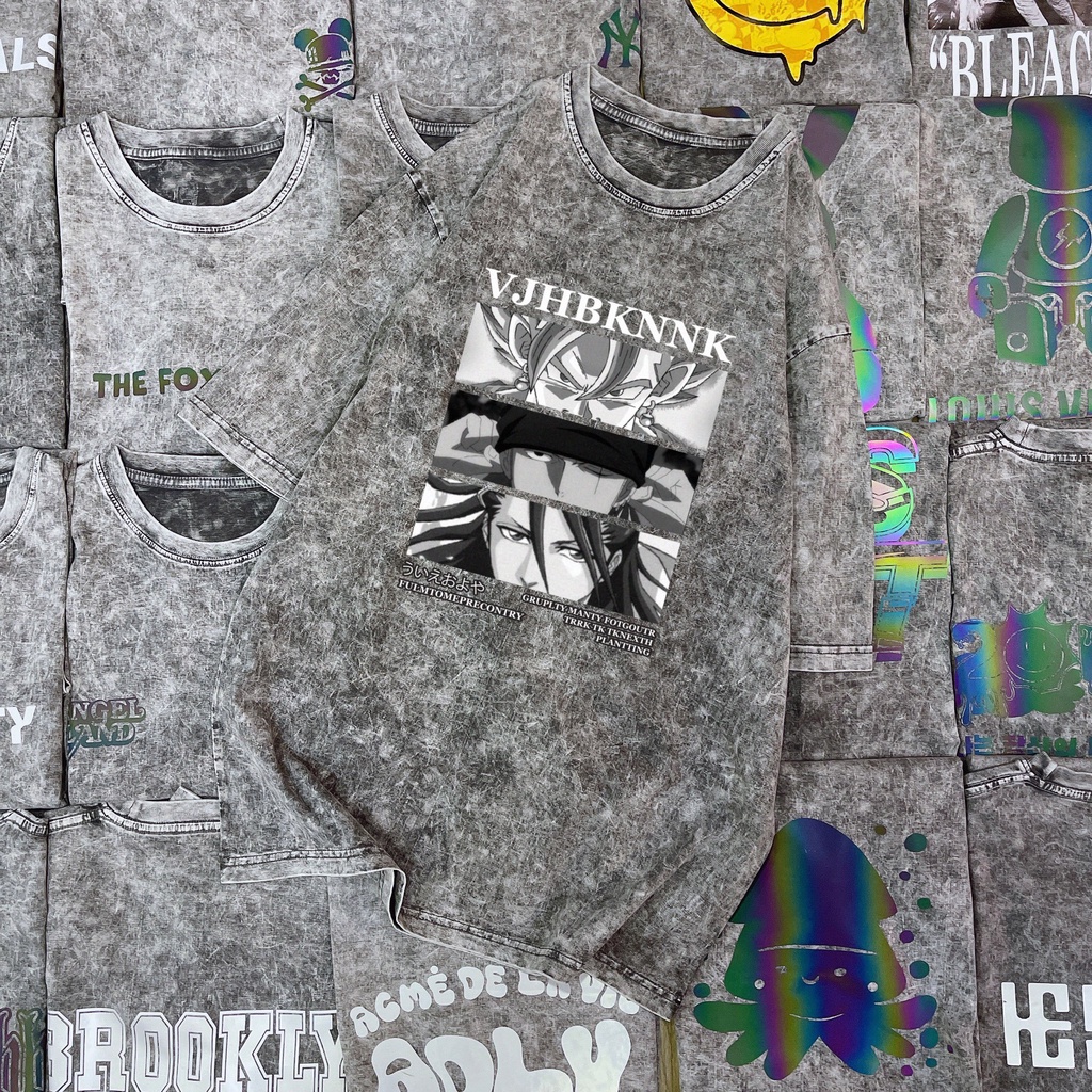 Áo Thun wash loang Nam Nữ  Áo Phông Unisex form rộng tay lỡ wash acid xám vải cotton in hình Anime hoạt hình