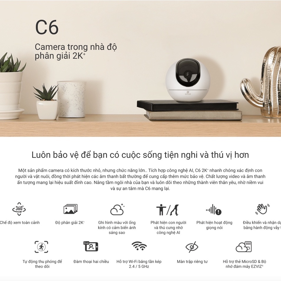 Camera xoay 360 độ Ezviz C6 phiên bản 2K, camera wifi trong nhà độ nét cao, nhận diện cử chỉ, wifi 2 băng tần