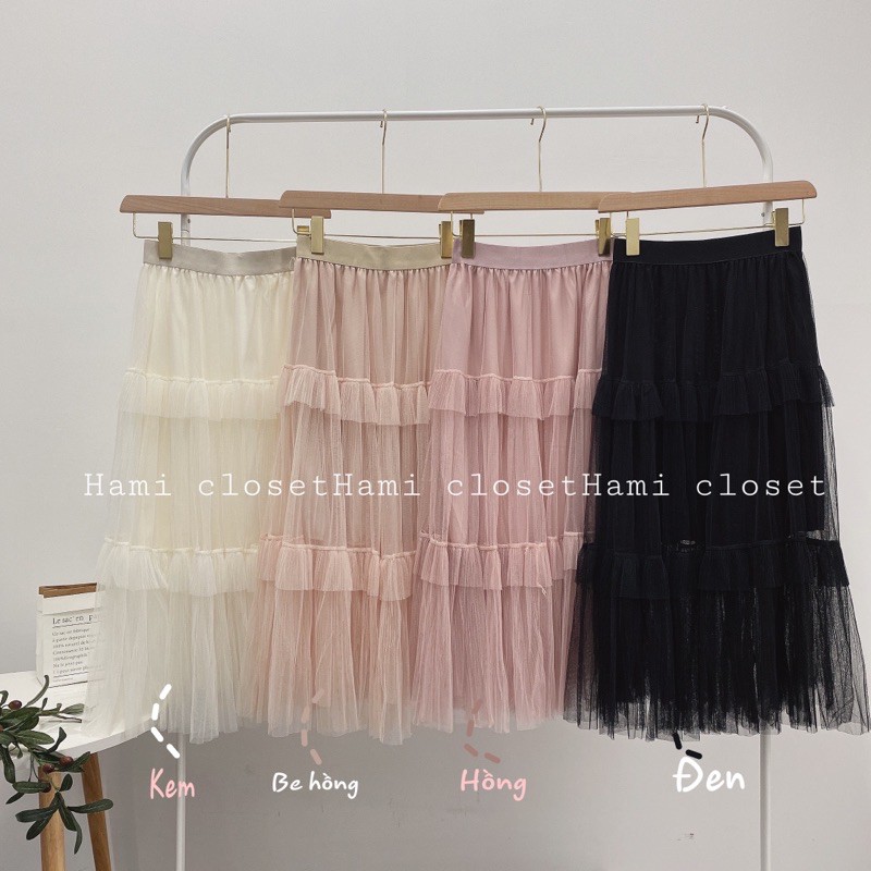 Chân váy dáng dài xếp tầng voan bồng