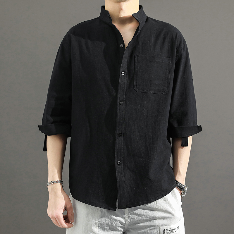 Áo Sơ Mi cotton Lanh Tay Ngắn Cổ Đứng Dáng Rộng Phong Cách Hàn Quốc Thời Trang Cho Nam