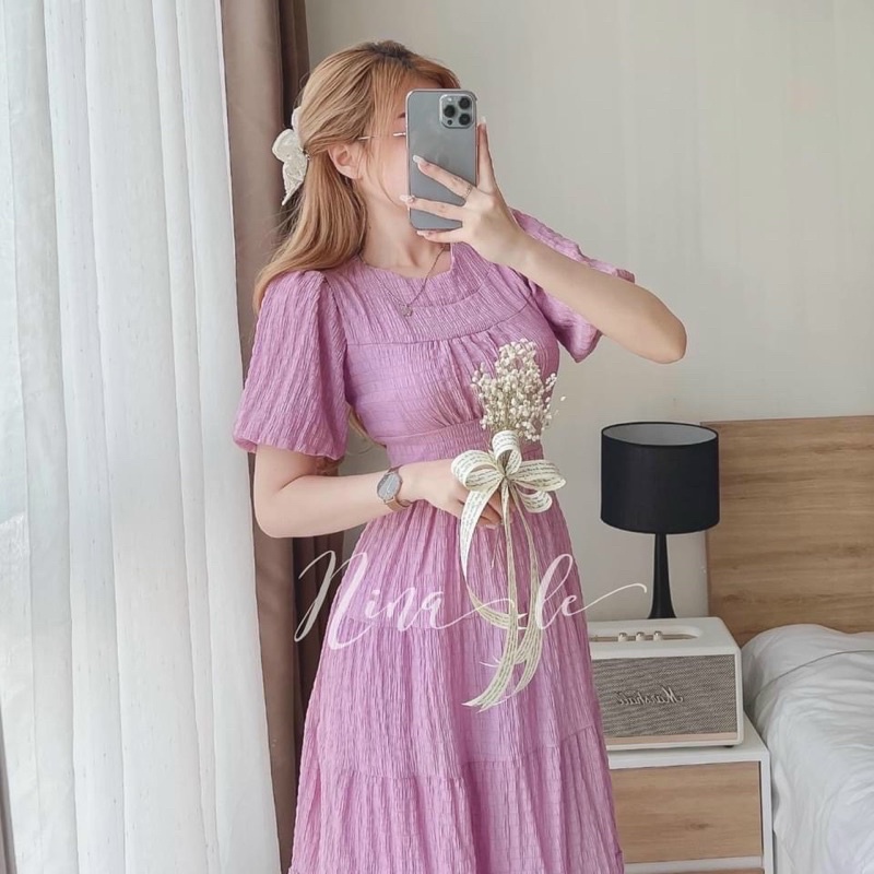 Váy nữ xòe thiết kế cổ vuông tay bồng eo chun, đầm tiểu thư dáng xoè, đầm công chúa cổ vuông tay phồng DSs