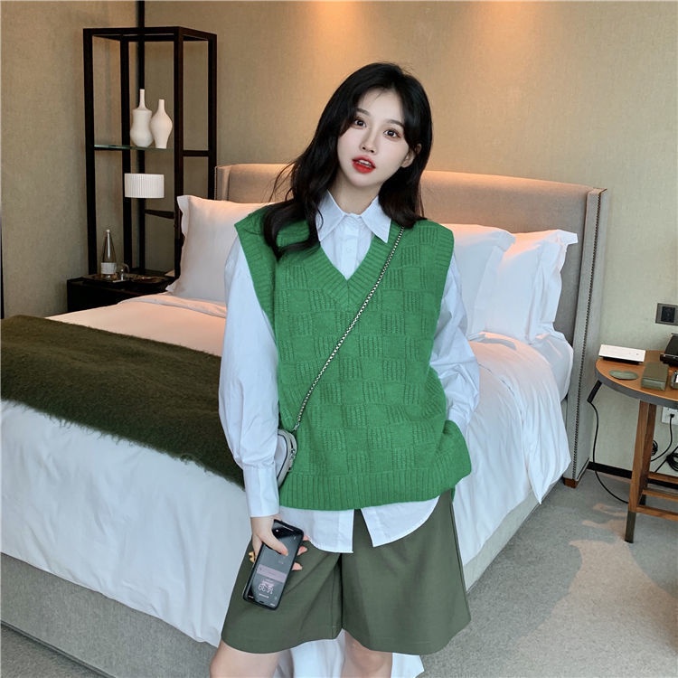 Set áo sơ mi+áo sát nách cổ chữ V phong cách Hàn Quốc trẻ trung cho nữ (có bán lẻ)