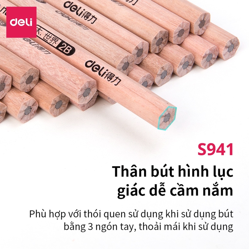 Hộp 30 bút chì lục giác/tam giác Deli - loại HB/2B thân gỗ tự nhiên an toàn cho người sử dụng, vẽ mỹ thuật phác thảo