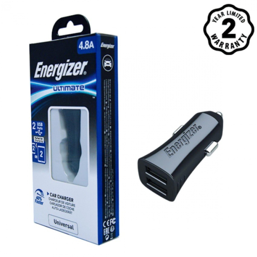 Sạc Ô tô Energizer UL 2 cổng USB 4.8A - DCA2DUBK3 cho xe hơi (Đen)