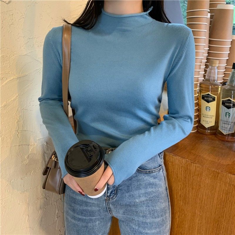 Áo Giữ Nhiệt New Korean Slim Bottoming Long-sleeved Half-high Collar Sweater Women