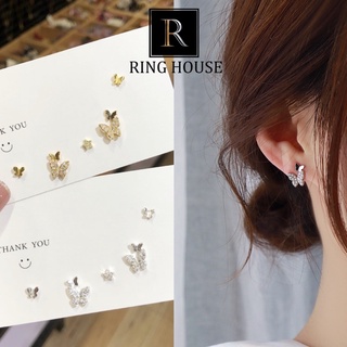 (Chuôi Bạc 925) E32 Set Khuyên Tai Bông Tai Nữ Thiết Kế Con Bướm Xinh Ring House
