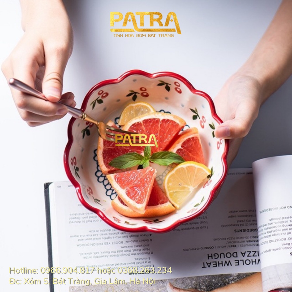 Bát sứ tròn miệng lượn hoạ tiết cherry phong cách Bắc Âu, bát đĩa Cherry hoa hồng cao cấp