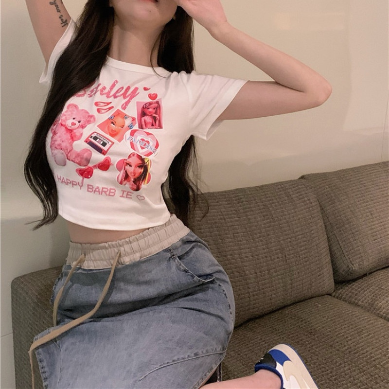 Áo Thun Tay Ngắn Dáng Ôm In Họa Tiết Hoạt Hình Dễ Thương Quyến Rũ Cho Nữ