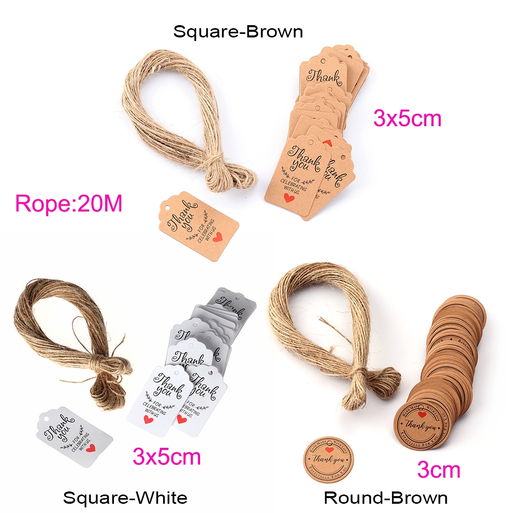 Set 100 thẻ giấy kraft kèm dây 20 mét dùng trang trí hộp quà làm đồ thủ công đa năng