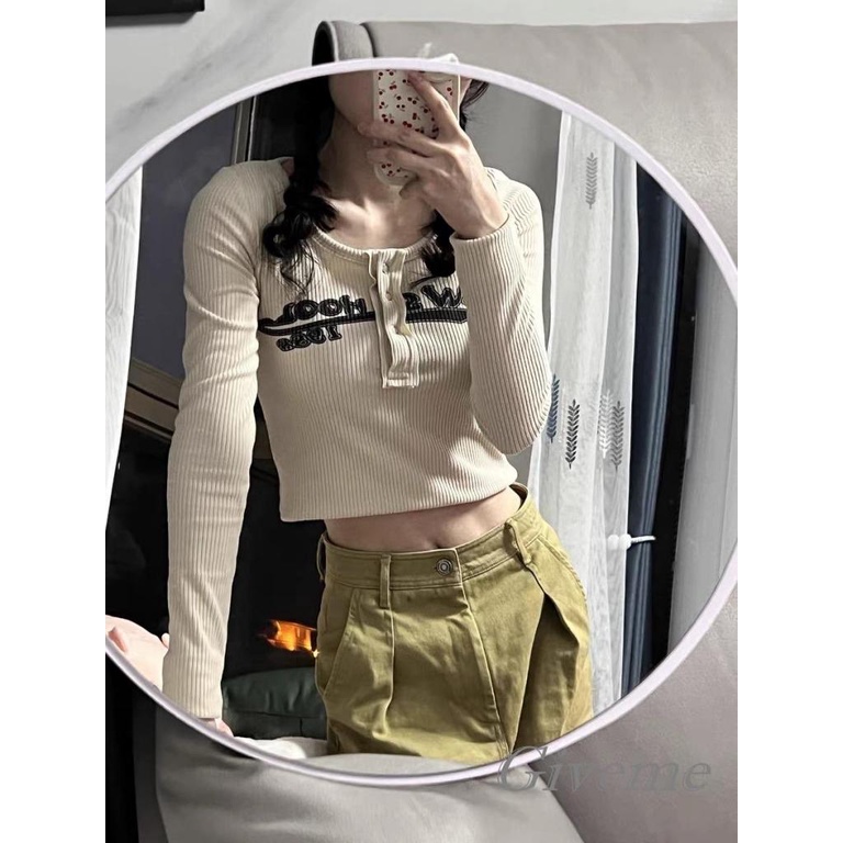 Áo Crop Top Dệt Kim Dài Tay In Chữ Y2k Thời Trang