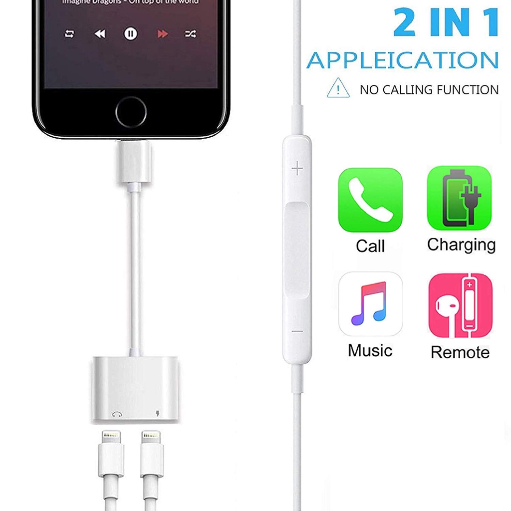 Dây cáp lightning 2 trong 1 chia cổng tai nghe AUX cho iOS