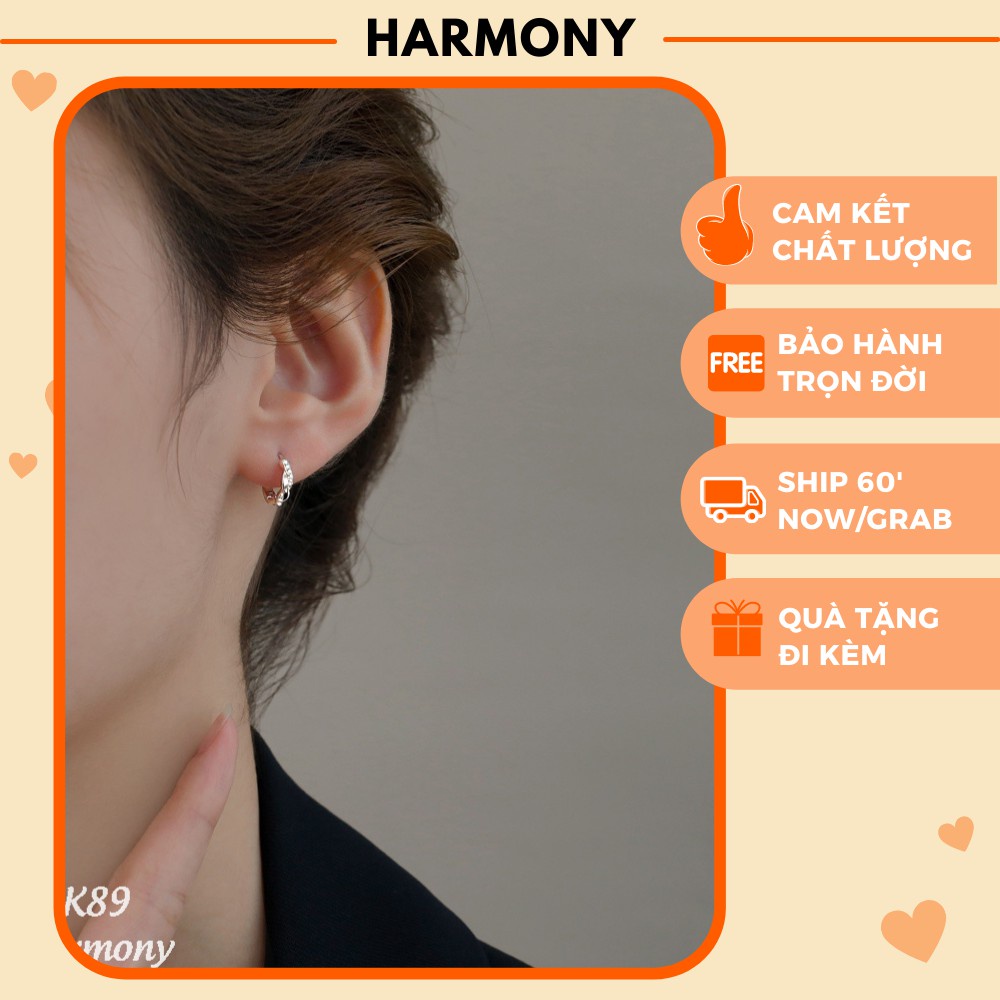Khuyên tai tròn nữ bạc xoắn đá 2 màu cá tính, xinh xắn, phong cách Hàn Quốc | HARMONY ACCESSORIES K89