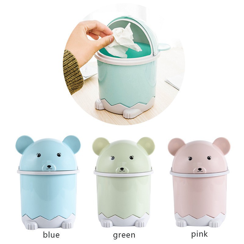 Thùng rác có nắp đậy mini để bàn bằng nhựa hình chú gấu dễ thương