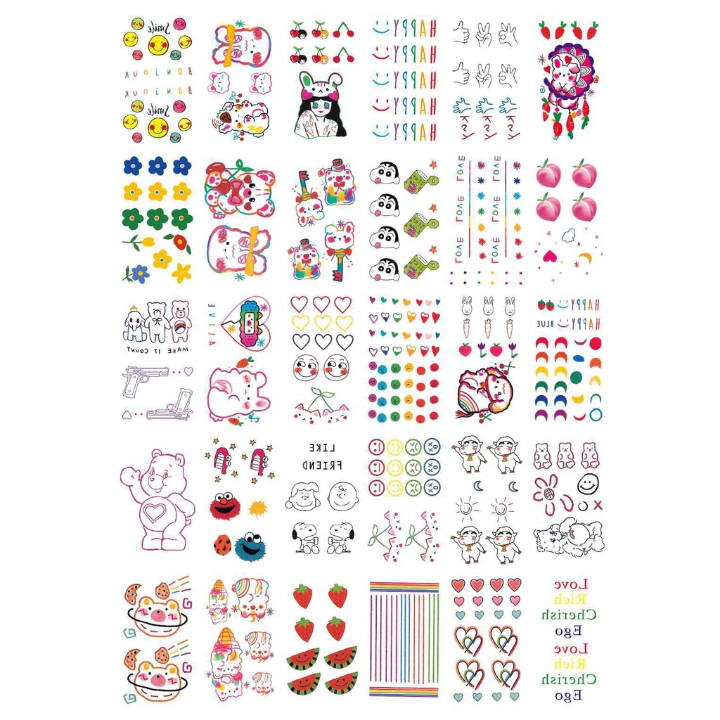 Set 30 Hình Xăm Dán Chống Thấm Nước Họa Tiết Hoạt Hình Phong Cách Hàn Quốc