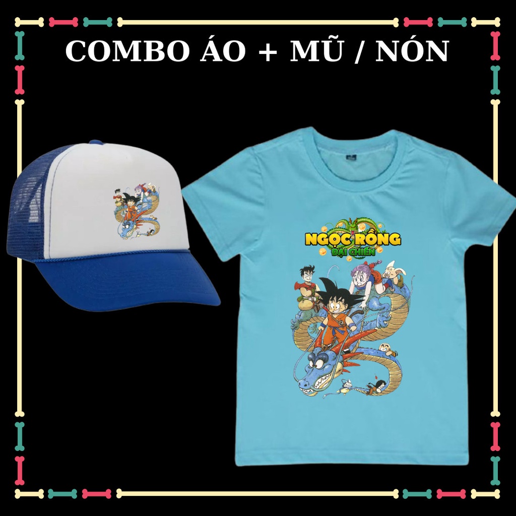 Combo mũ/ nón - áo thun trẻ em mầu 7 viên ngọc rồng tay ngắn Songoku vải thun 4 chiều xịn xò.