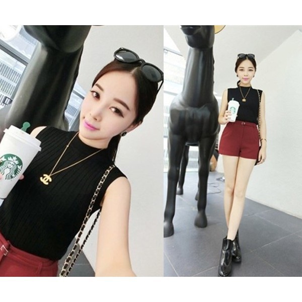 Áo dệt kim SUXI không tay dáng ngắn thiết kế đơn giản trẻ trung