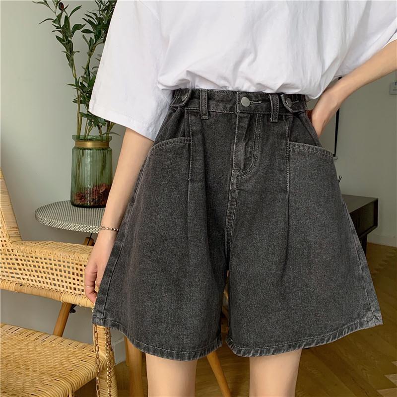 AMOI Quần Short Denim Lưng Cao Ống Rộng Thời Trang Hàn Quốc Dành Cho Nữ