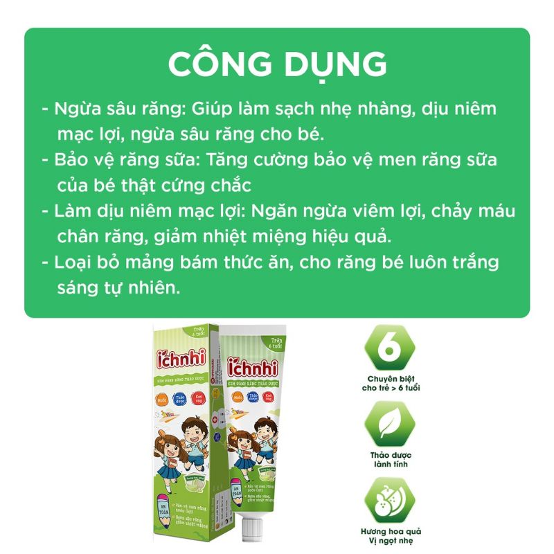 Kem đánh răng thảo dược Ích Nhi nuốt được, bảo vệ men răng,ngừa sâu răng, giảm nhiệt miệng cho bé trên 6 tuổi