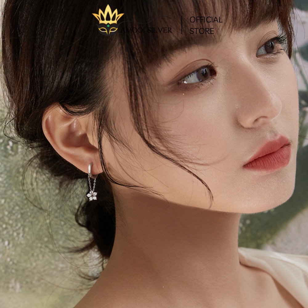 Bông tai bạc S925 khoen tròn hoa 5 cánh tua rua đường kính 8mm - Amooi Silver AB217