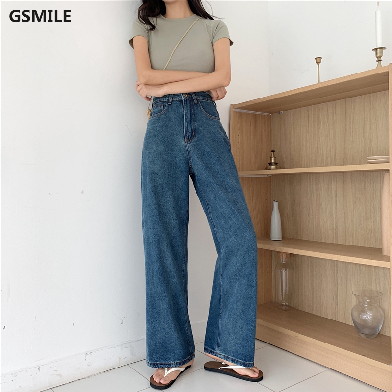 Quần jeans nữ lưng cao ống rộng vải denim xanh dương