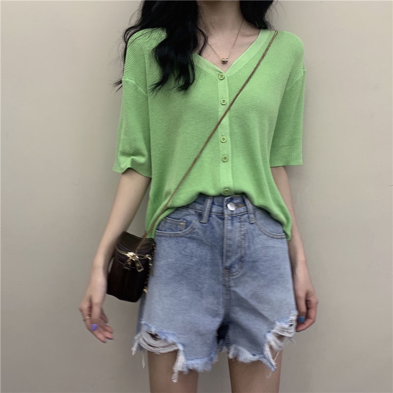 COZOKC COZOK Áo cardigan COZOK dệt kim tay ngắn cổ chữ V phong cách retro thanh lịch thời trang cho nữ