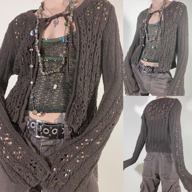 Xiangbao Áo Khoác Cardigan Dệt Kim Tay Dài Dáng Rộng Hở Lỗ Rỗng Màu Nâu Có Dây Buộc Phía Trước