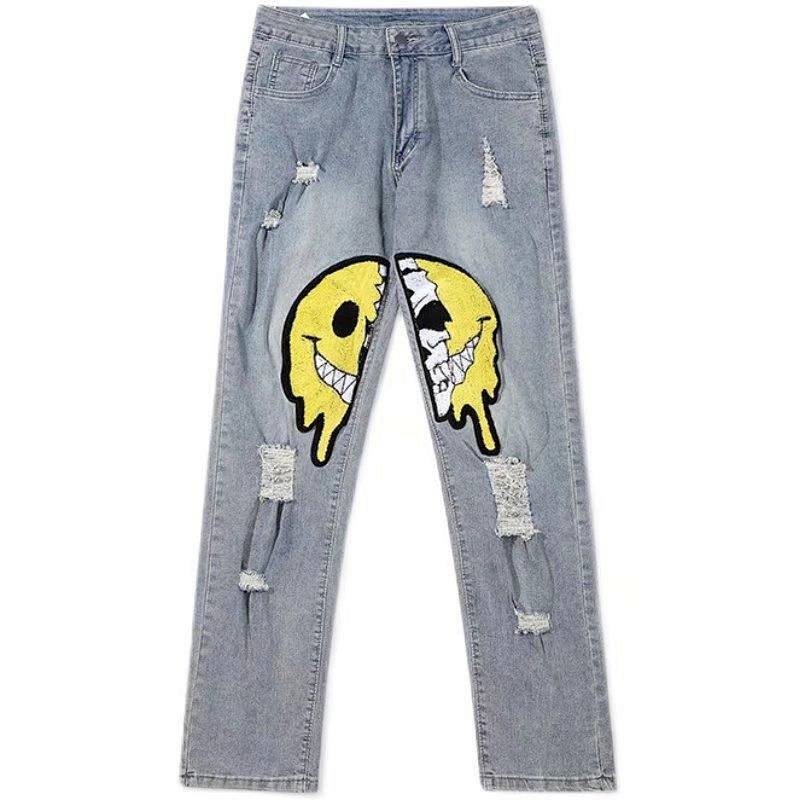 Quần jeans nam kiểu rách giặt mài cao cấp in hình mặt cười phong cách Mỹ cổ điển quốc dân Hip Hop đường phố hợp thời