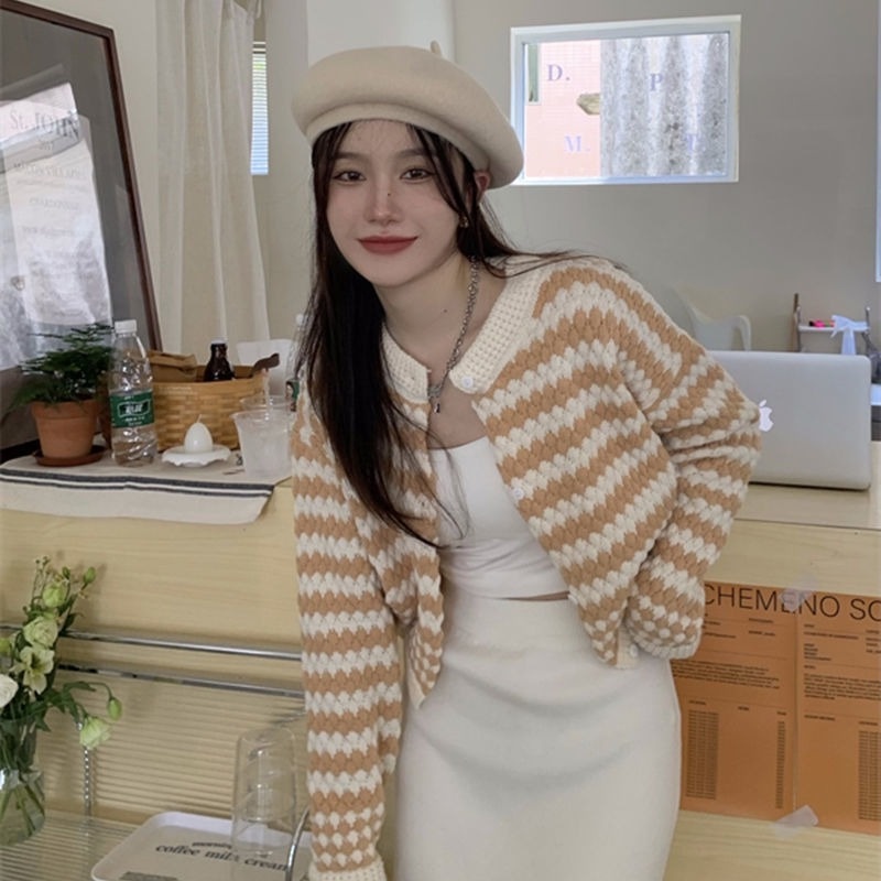 Áo Khoác Len Cardigan Dày Màu Sắc Tương Phản Thời Trang Thu Đông Hàn Quốc Cho Nữ