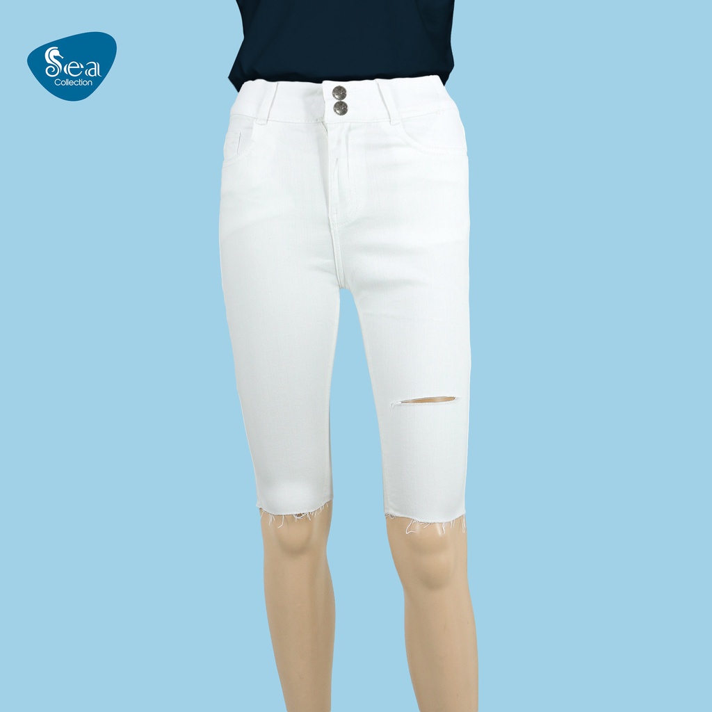Quần Jeans Lửng Nữ Sea Collection 6175 Rách Lai Màu Trắng Form Ôm