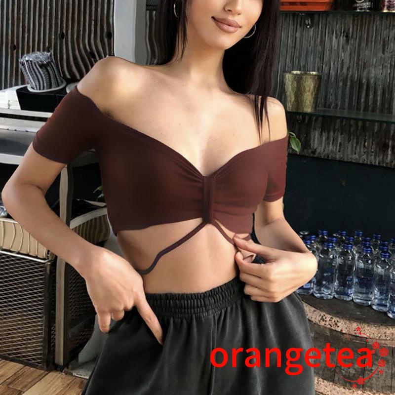 Áo Croptop Tay Ngắn Hở Vai Màu Sắc Trơn Thời Trang Dành Cho Nữ